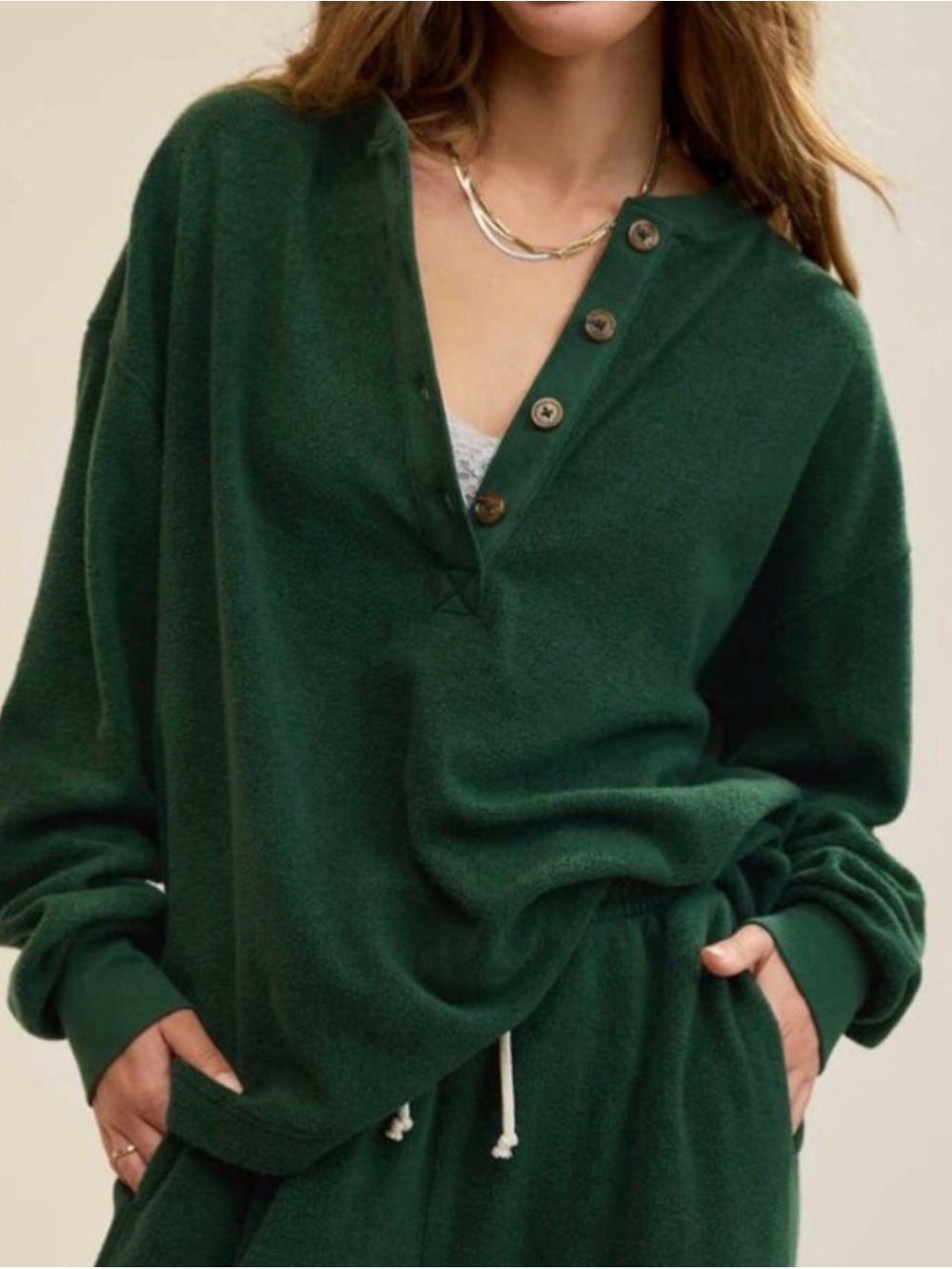 Aerie Women’s Sherpa Henley Shirt Sweatshirt Long Sleeve Buttons Green Large